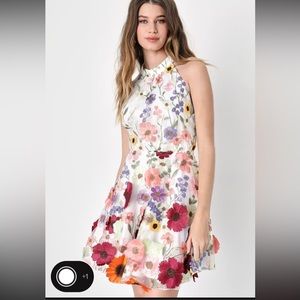 Lulu’s Blooming Bliss Ivory 3D Floral Embroidered Halter Mini Dress